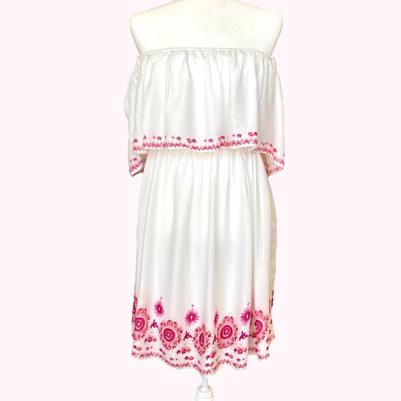 one the land Dresses & Skirts - one the land off-the-shoulder white dress with pink floral accents - Size L